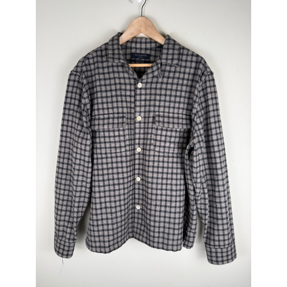 ALL‎ SAINTS Alkame Long Sleeve Checkered Wool Blend Shirt Men's XL Relaxed Fit